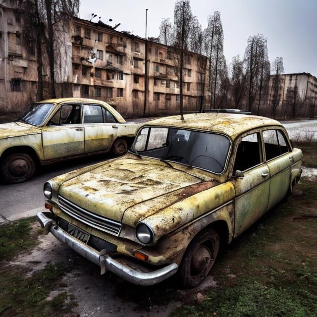 Prompt: An old Soviet taxi from the 1960s sitting abandoned in the same parking spot that it has been in for over 60 years next by the abandoned Soviet apartment.