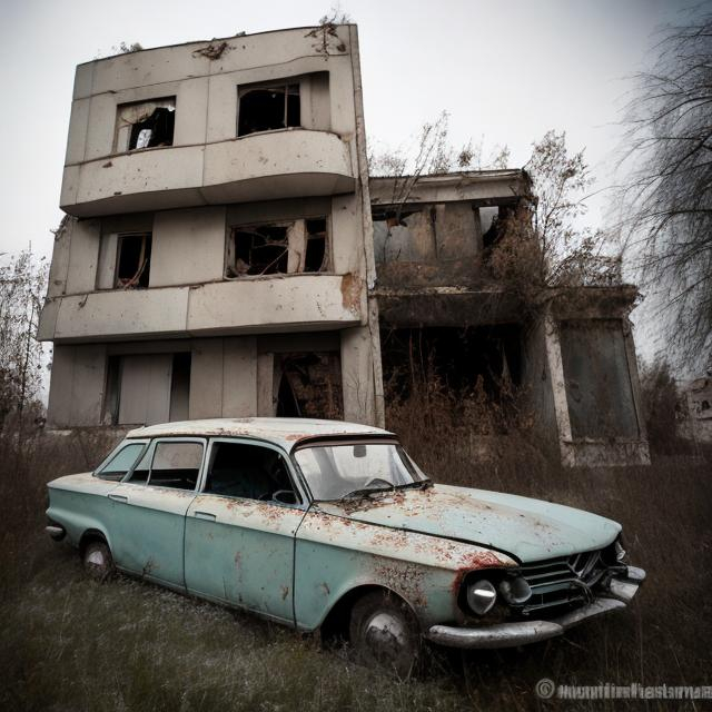 Prompt: Abandoned 1960s Soviet car flipped over against the wall of an abandoned Soviet house from the 1960s with an abandoned Soviet 1960s building next by it.