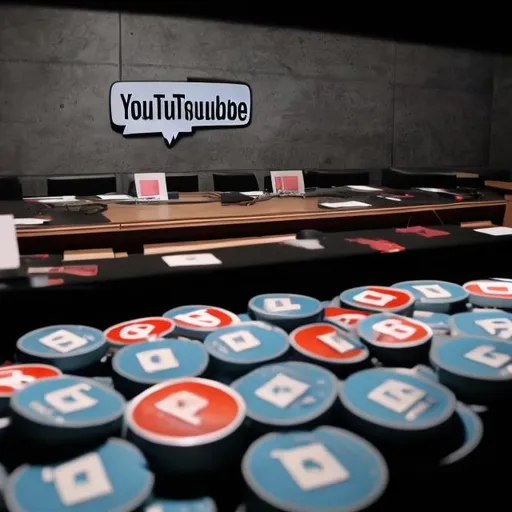 Prompt: YouTube Play Buttons sitting in a dark dimly lit room of the YouTube headquarters that have never been used.