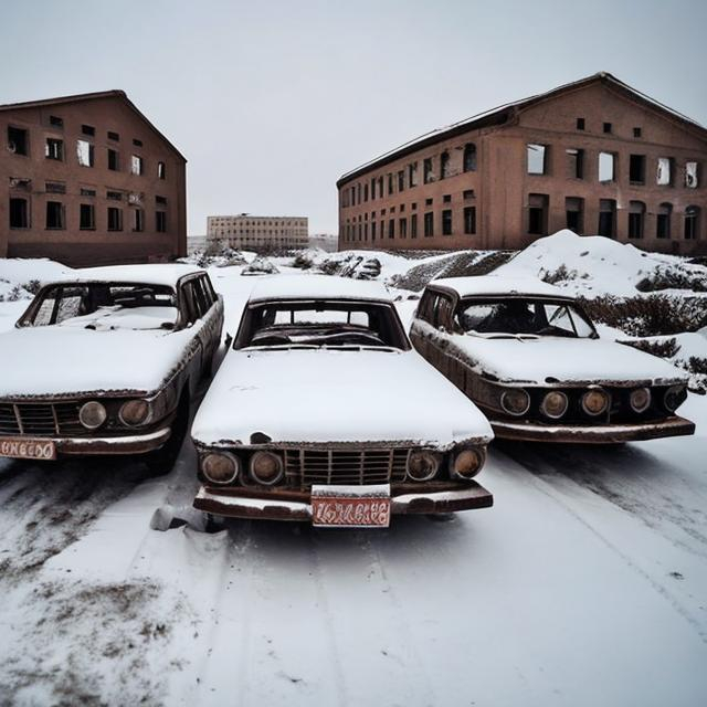 Prompt: Old Soviet cars buried underneath the snow in an abandoned Soviet town from the 1960s.