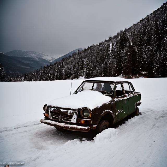 Prompt: An old Soviet car stuck in the snow in the mountains propped up with one of its tires fallen off.