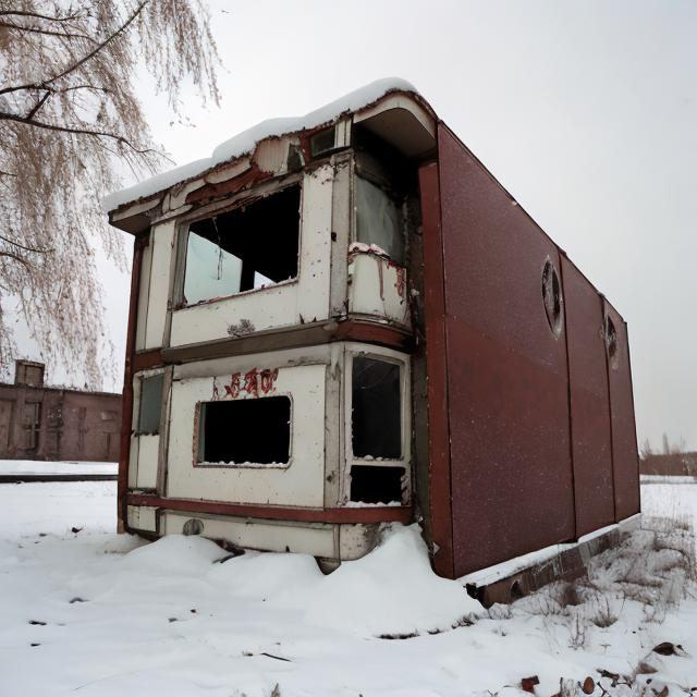 Prompt: 1960s abandoned Soviet car box style that has snow covering it and is inside of an old abandoned Soviet office building from the 1960s with a gaping hole in the wall revealing the outside.