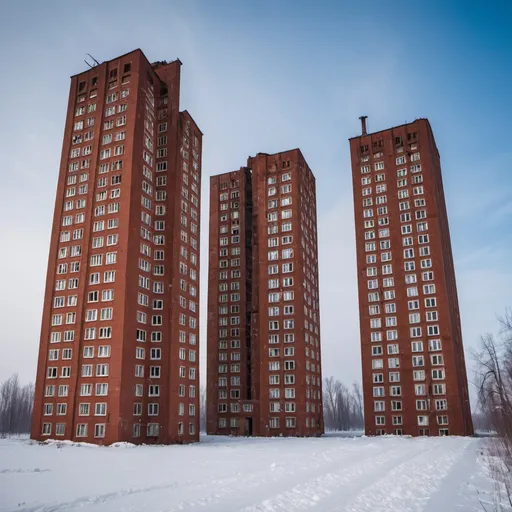 Prompt: Soviet brick skyscrapers that are abandoned in an abandoned Soviet town from the 1960s with heavy snow around the area.