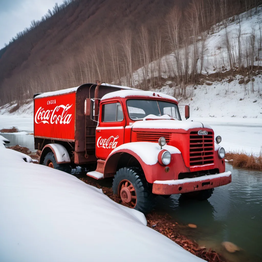 Prompt: Abandoned Soviet truck full of Coca Cola from the 1960s on a snowy hillside tipped over and very rusty and slightly in a frozen river and lake.