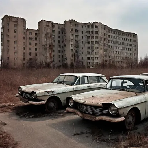 Prompt: Abandoned 1960s Soviet hotel with abandoned Soviet cars in the parking lot from the 1960s.