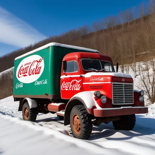 Prompt: Abandoned Soviet truck full of Coca Cola from the 1960s on a snowy hillside.