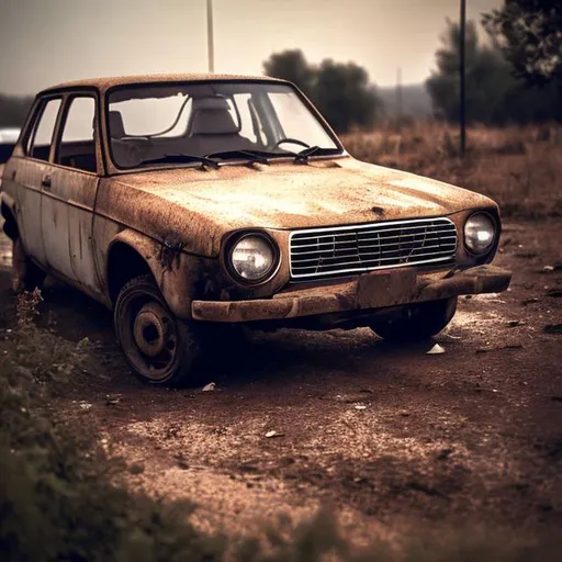 Prompt: A dusty and dirty old Russian Lada from the 1970s abandoned in a car park with old cigarettes in it.