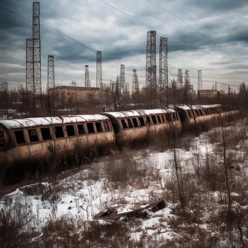 Prompt: Abandoned Soviet town with abandoned Soviet trains sitting in the background on the abandoned Soviet railway with several abandoned Soviet cars in the background.