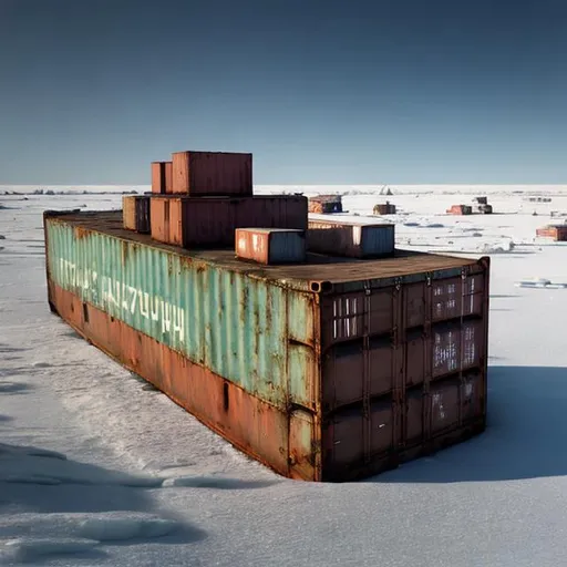 Prompt: An old Soviet container ship from the 1960s rotting away tilted in an ice sheet near snowy land with it's containers spilling out the old 1960s Soviet cars that it is carrying.