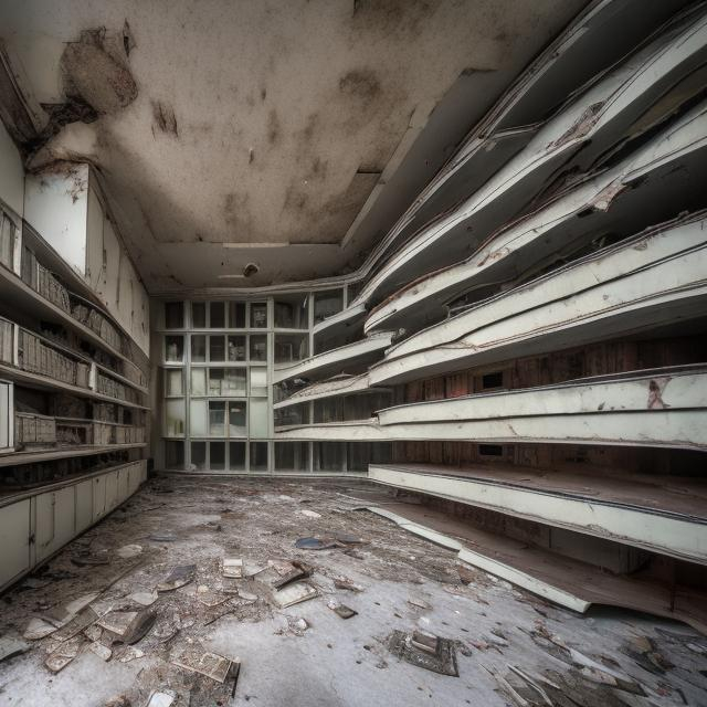 Prompt: Old abandoned Soviet office building from the 1960s with an old 1960s Soviet car crashed through it with multiple filing cabinets fallen on it.