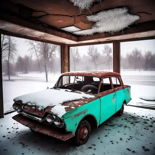 Prompt: 1960s abandoned Soviet car box style that has snow covering it and is inside of an old abandoned Soviet office building from the 1960s.