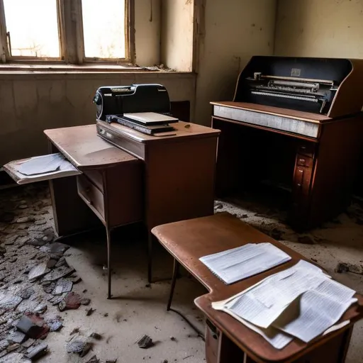 Prompt: Abandoned dusty desk with old papers on it and a broken typewriter in an abandoned Soviet office building from the 1960s with an abandoned Soviet car from the 1960s in the far corner of the room.