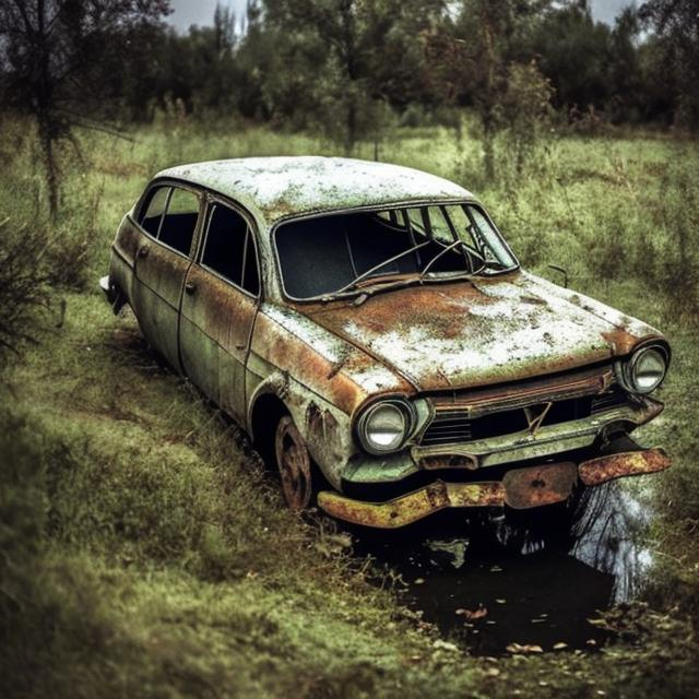 Prompt: An old abandoned crashed Soviet car from the 1960s with a pole sticking through it.