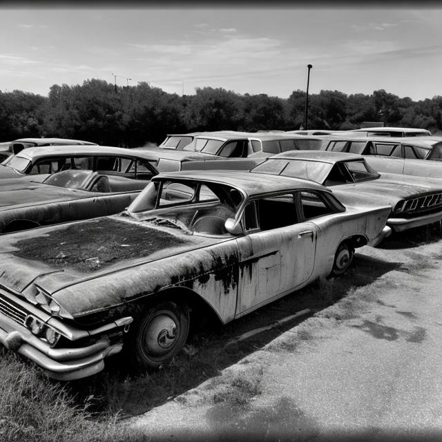 Prompt: Abandoned car parking lot with abandoned cars from the 1960 in it in the middle of the backrooms original picture.