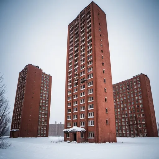 Prompt: Soviet brick skyscrapers that are abandoned in an abandoned Soviet town from the 1960s with heavy snow around the area.