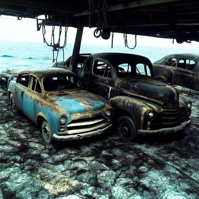 Prompt: Old cars being lifted up from the Mariana Trench,completely stripped of all colors and containing hundreds of bite marks.