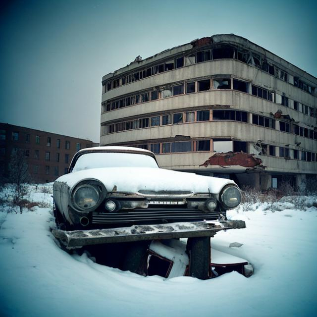 Prompt: Old abandoned Soviet 1960s car flipped over in an abandoned Soviet radio building in the 1960s with collapsed sections of the roof of the building and snow around the place and in the place.