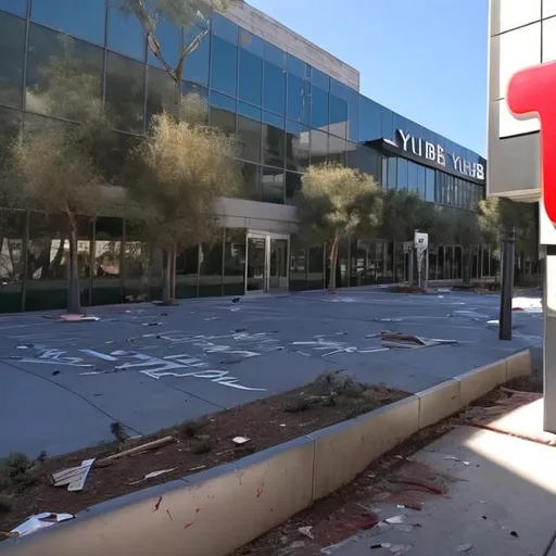 Prompt: Pictures of the damaged outside of the YouTube headquarters,with a very damaged and tarnished sign with "YouTube" on it that can barely be read.