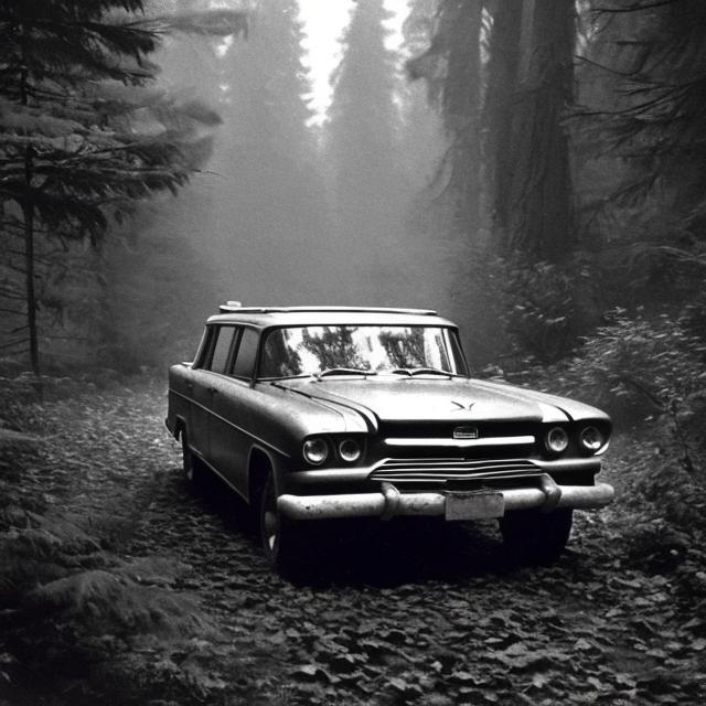 Prompt: A series of photographs showing the last pictures of a Soviet explorer in the 1960s exploring the woods with his car before getting caught by a bigger creature unknown to humanity. 