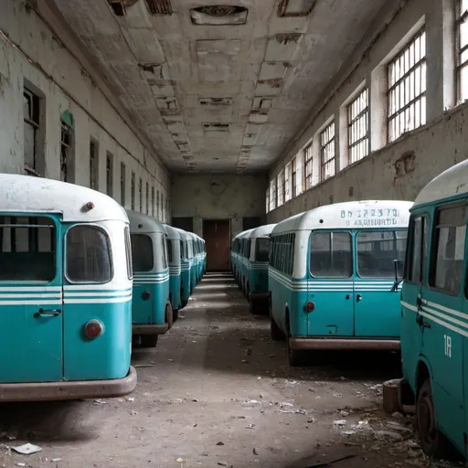 Prompt: Abandoned Soviet 1960s prison with abandoned Soviet prison buses from the 1960s.