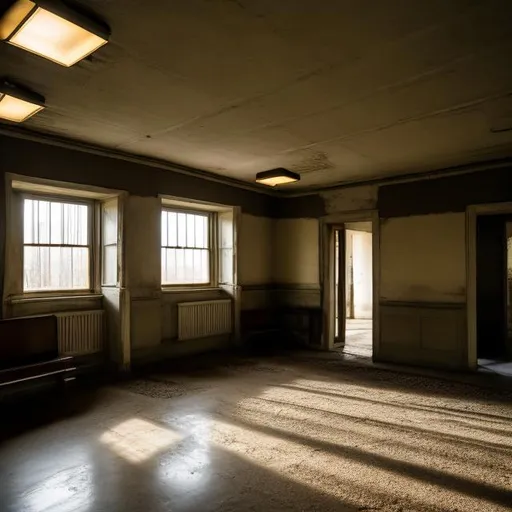Prompt: Liminal spaces of the inside of buildings that feel familiar that are dimly lit.