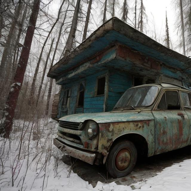 Prompt: An old Soviet cabin from the 1960s in the deep woods with an old Soviet car from the 1960s crashed in it.