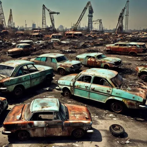 Prompt: Several old Soviet cars from the 1960s rotting away in a junkyard with several rotten abandoned Soviet cranes in it and piles of old trash in the background.