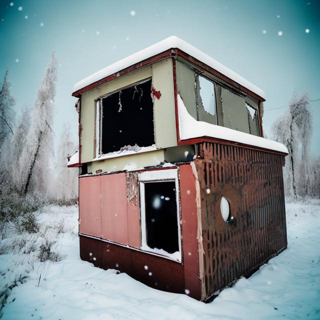 Prompt: 1960s abandoned Soviet car box style that has snow covering it and is inside of an old abandoned Soviet office building from the 1960s with a gaping hole in the wall revealing the outside.