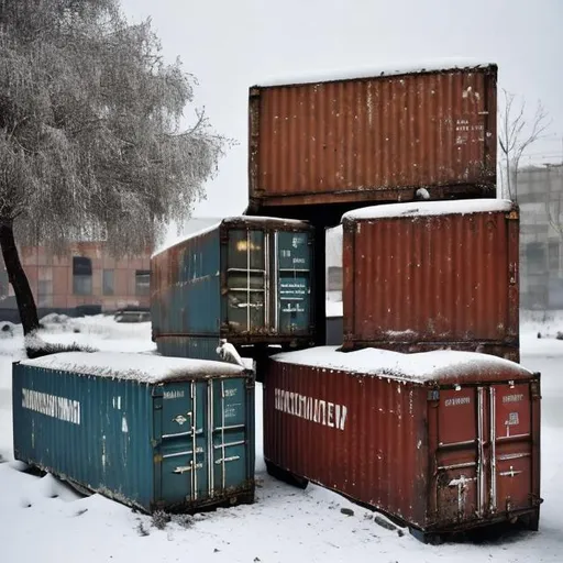 Prompt: Old Soviet containers containing Soviet cars from the 1960s spilling out their contents in the snow.