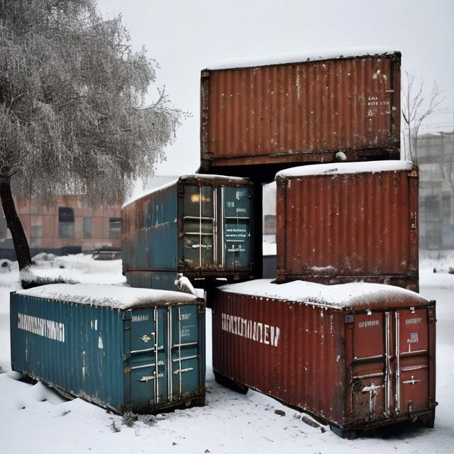 Prompt: Old Soviet containers containing Soviet cars from the 1960s spilling out their contents in the snow.