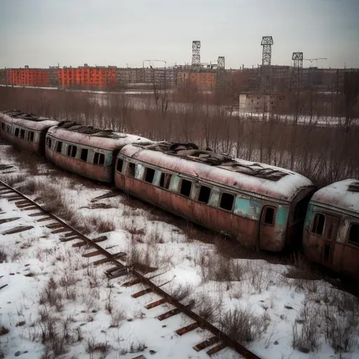 Prompt: Abandoned Soviet town with abandoned Soviet trains sitting in the background on the abandoned Soviet railway with several abandoned Soviet cars in the background.