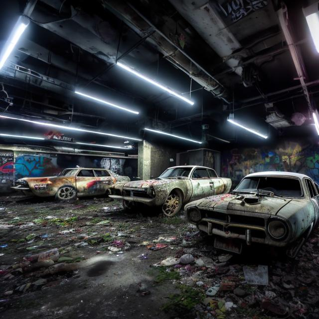 Prompt: The basement of the abandoned YouTube headquarters with the floor above it collapsed with several old abandoned cars that have fallen in and graffiti on the walls. 