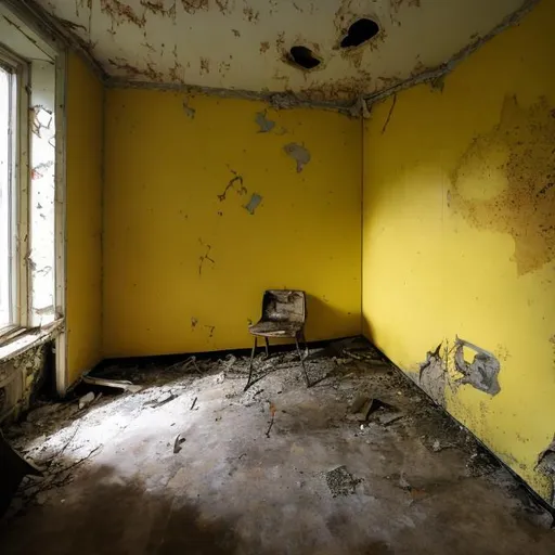 Prompt: An abandoned childrens yellow room in an abandoned Soviet home from the 1960s that has an old 1960s Soviet car crashed through it and a big gaping hole in the wall.