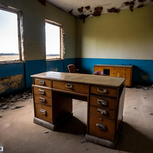 Prompt: Abandoned dusty desk in abandoned Soviet office building from the 1960s with an abandoned Soviet car from the 1960s in the far corner of the room.