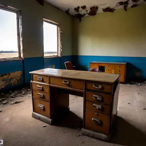 Prompt: Abandoned dusty desk in abandoned Soviet office building from the 1960s with an abandoned Soviet car from the 1960s in the far corner of the room.