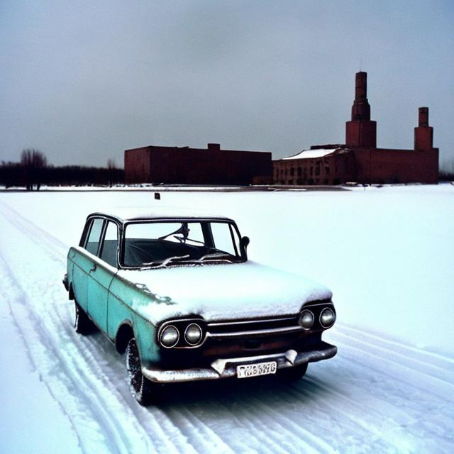 Prompt: A old Soviet car from the 1960s half stuck in the ice with an abandoned town in the distance covered in snow.