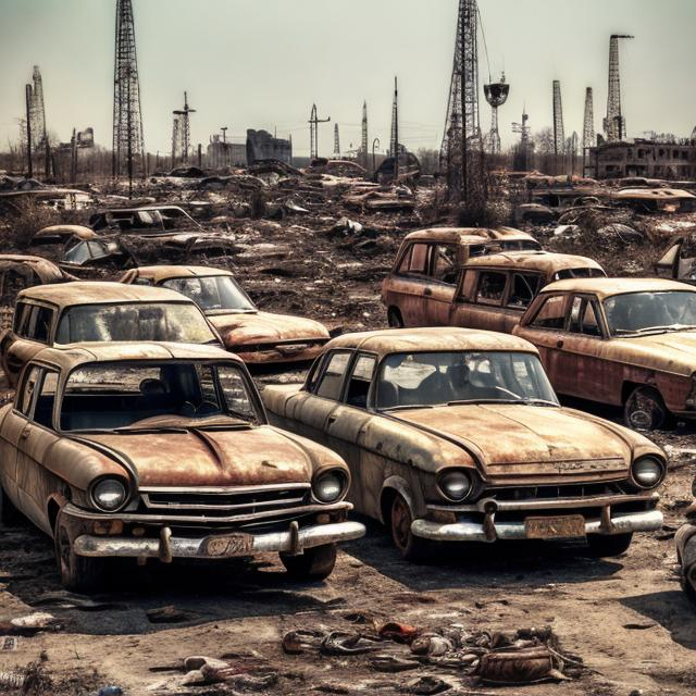 Prompt: Several old Soviet cars from the 1960s rotting away in a junkyard with several rotten abandoned Soviet cranes in it and piles of old trash in the background.