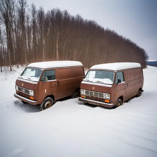 Prompt: Filing cabinets in a tipped over abandoned van from the Soviet Union 1960s on the snowy hillside just a little bit off of a road.