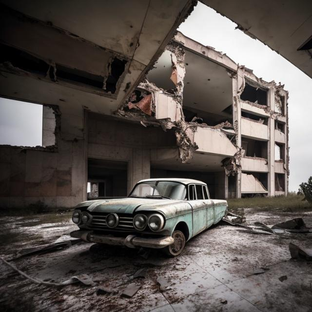 Prompt: Abandoned 1960s Soviet building with a collapsed wall crushing a car outside.