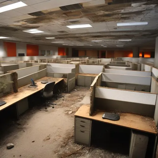 Prompt: Old destroyed office cubicles inside of the YouTube headquarters.
