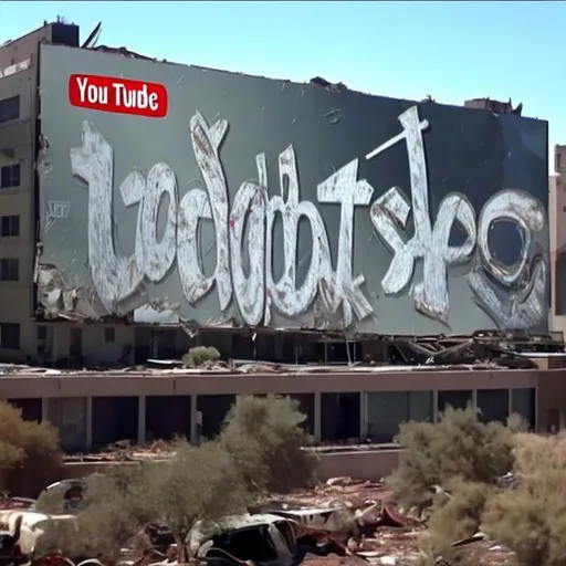 Prompt: A old torn down YouTube billboard with very disfigured writing collapsed on the roof of the abandoned YouTube headquarters.