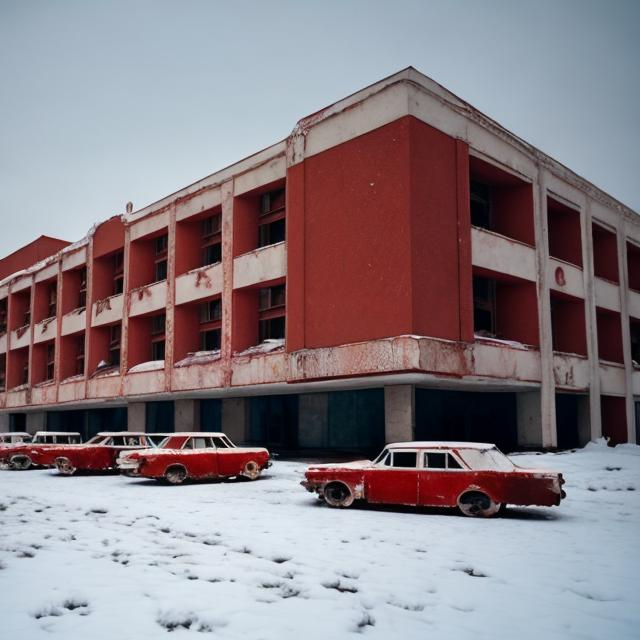 Prompt: Abandoned 1960s Soviet hotel colored red with abandoned Soviet cars in the parking lot from the 1960s with snow in the background in various different colors, mostly bland ones though.