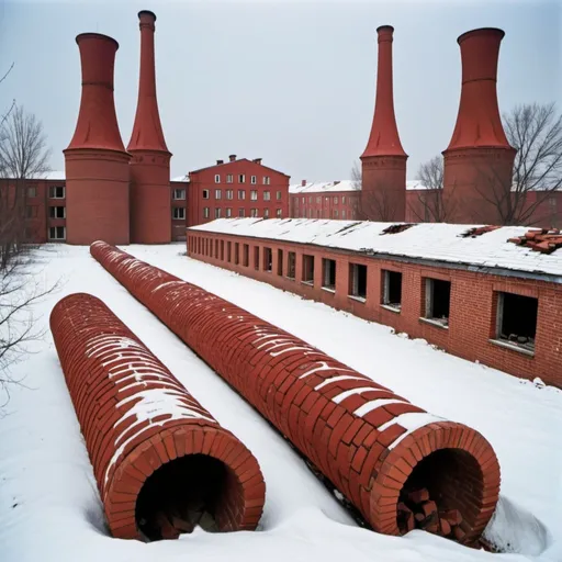 Prompt: Red toppled over large and skinny chimneys in the Soviet snow with abandoned brick buildings in the background from the 1960s.