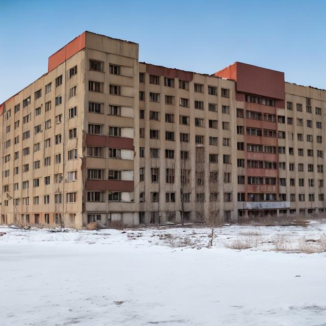 Prompt: Abandoned 1960s Soviet hotel colored red with abandoned Soviet cars in the parking lot from the 1960s with snow in the background in various different colors, mostly bland ones though.