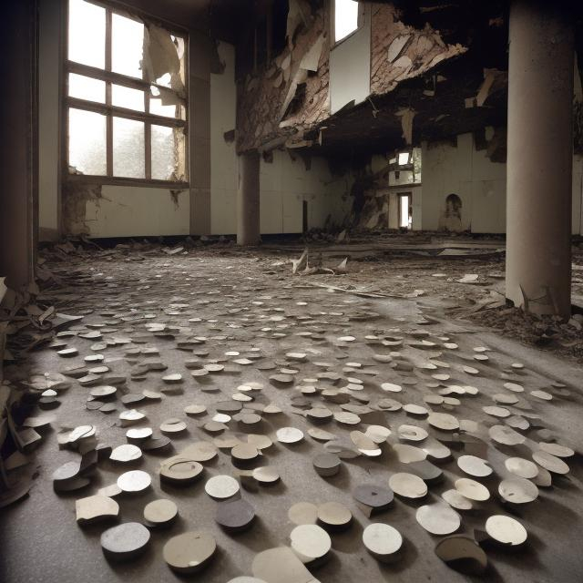 Prompt: Giant bell fragments on the floor of an abandoned giant office building from the 1960s.