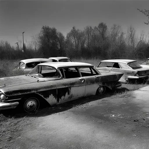 Prompt: Abandoned car parking lot with abandoned cars from the 1960 in it in the middle of the backrooms original picture.