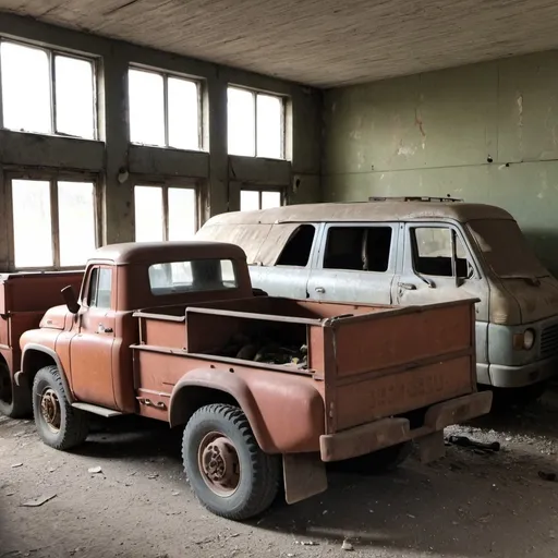 Prompt: Abandoned Soviet 1960s gun shop with some guns still inside and a work truck carrying some guns still inside collecting dust.