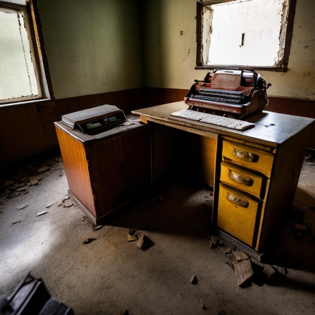 Prompt: Abandoned dusty desk with old papers on it and a broken typewriter in an abandoned Soviet office building from the 1960s with an abandoned Soviet car from the 1960s in the far corner of the room.