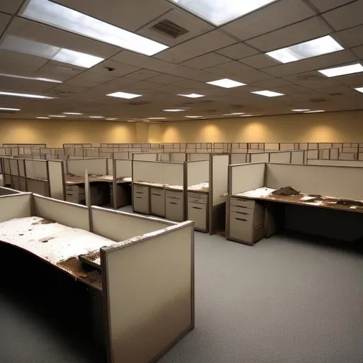 Prompt: Old destroyed office cubicles inside of the YouTube headquarters.