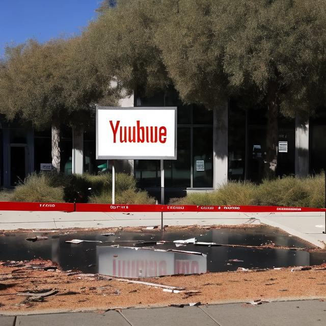 Prompt: Pictures of the damaged outside of the YouTube headquarters,with a very damaged and tarnished sign with "YouTube" on it that can barely be read.